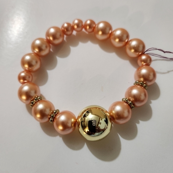 Hand Crafted Jewelry - Hand Crafted Pearl Stretch Bracelet Peach and Gold Beaded